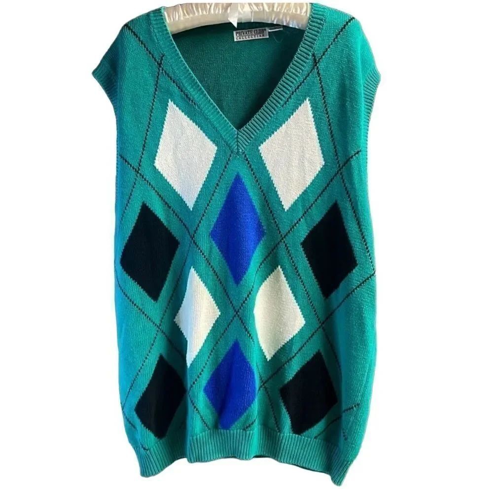Private Club Collection Men’s Sleeveless Pullover Argyle Sweater Vintage Size XL